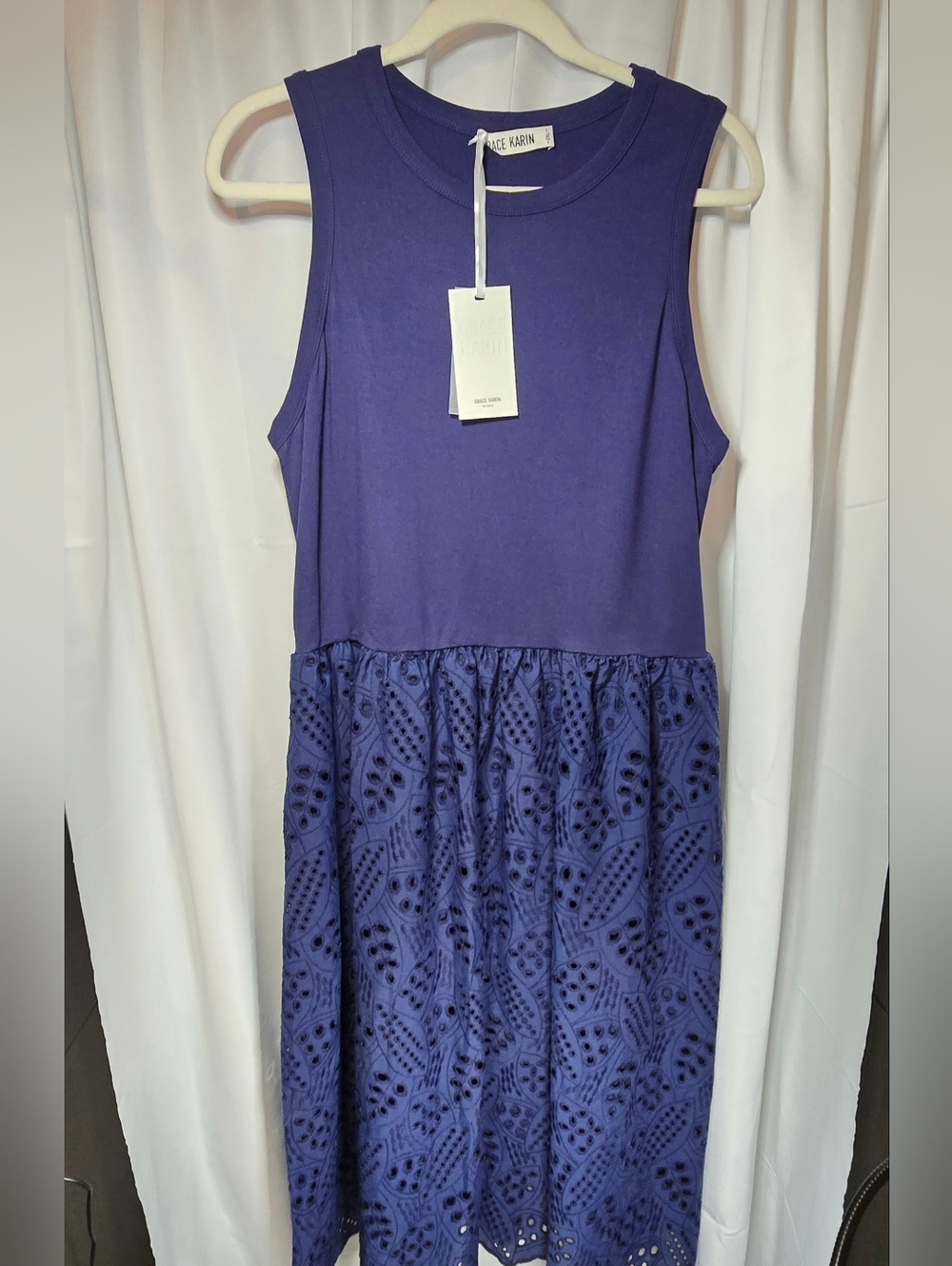 Grace Karin Blue Eyelet Midi Dress
